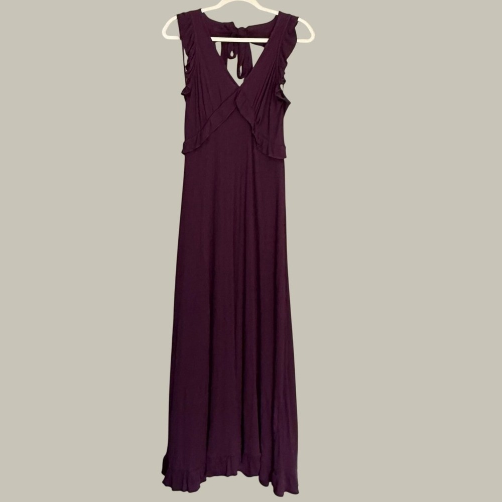 Anthropologie Plum Purple Ribbed Knit Ruffle Trim Tie Back Maxi Dress Small
